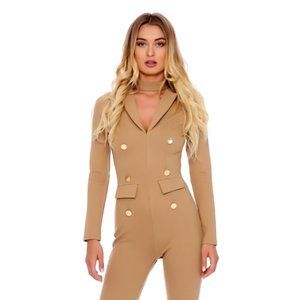 Leily Jumpsuit with Choker Detail Womens Tan Long Sleeve V Neck Back Zipper